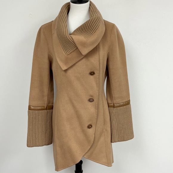 Mackage Camel Brown Tessa Wool Coat Leather Trim - Picture 6 of 12